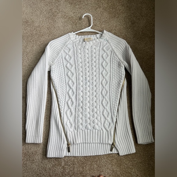 Michael Kors Women's Cable Knit Side Zipper Front Crewneck Sweater White Small - Picture 3 of 8